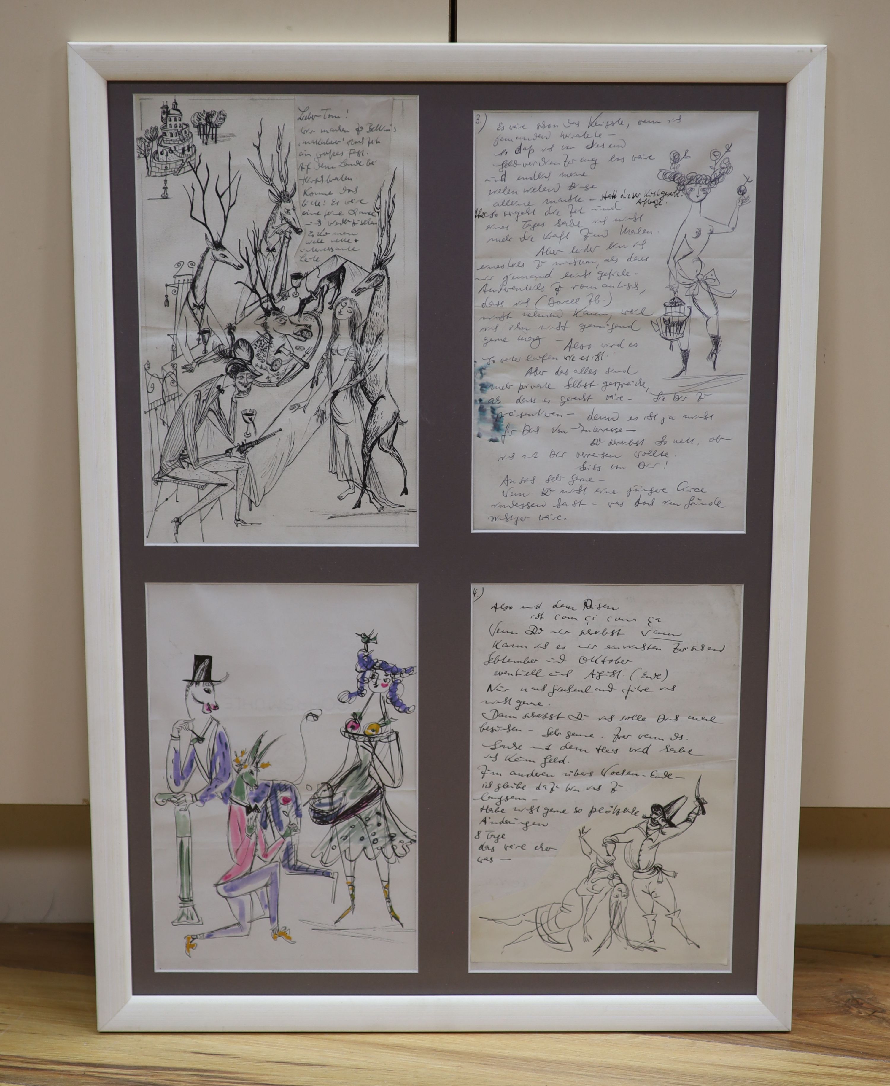 German School, pen and ink, Four page letter with anthropomorphic figures, inscribed 'To Tom', each 29 x 19cm, framed as one